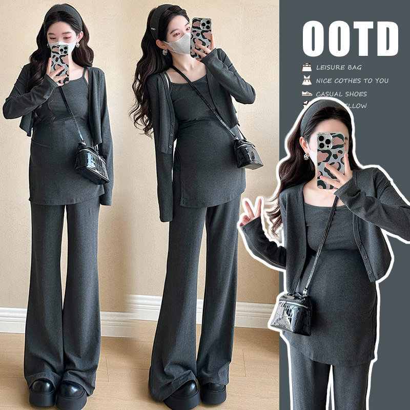 孕妇2025春夏套装辣妈弹力针织显瘦纯棉吊带上衣开衫喇叭裤三件套