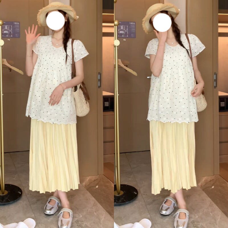 夏季孕妇托腹波点刺绣套装