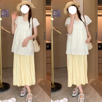 夏季孕妇新款套装波点刺绣花边上衣托腹半身裙2026年休闲百搭女