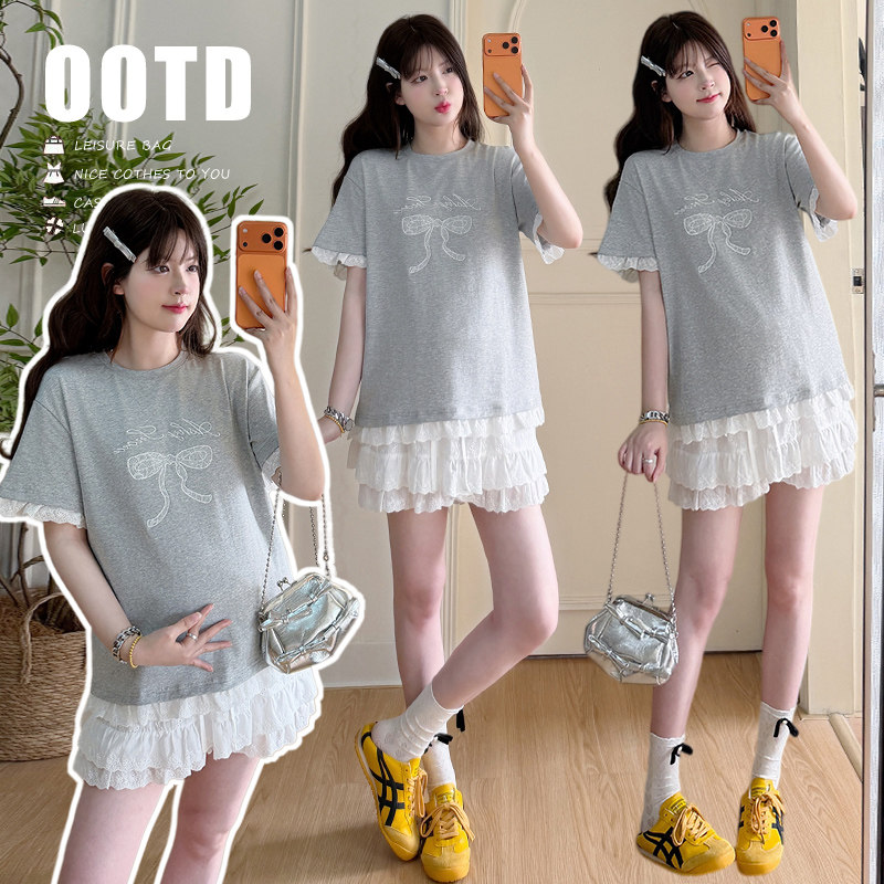 孕妇两件套夏季新款时尚设计感蝴蝶结上衣搭配蕾丝花边裙裤2026女