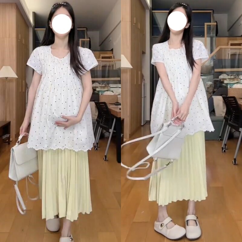 孕妇两件套韩系波点短袖上衣猪鼻扣百褶半身裙2026年韩版女
