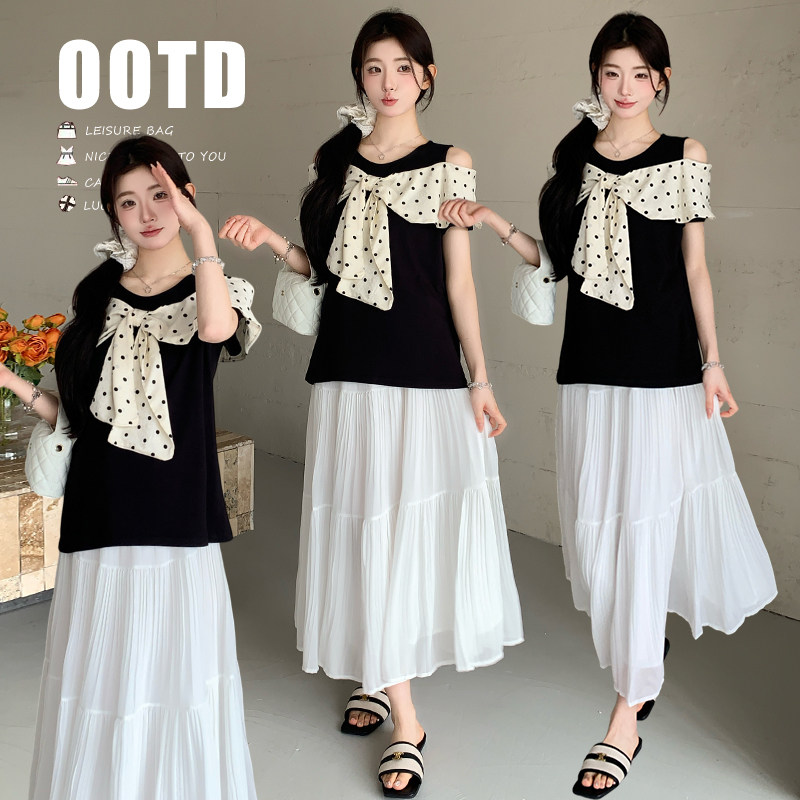 韩系设计感蝴蝶结上衣搭配大码显瘦半身裙2026年夏季孕妇两件套