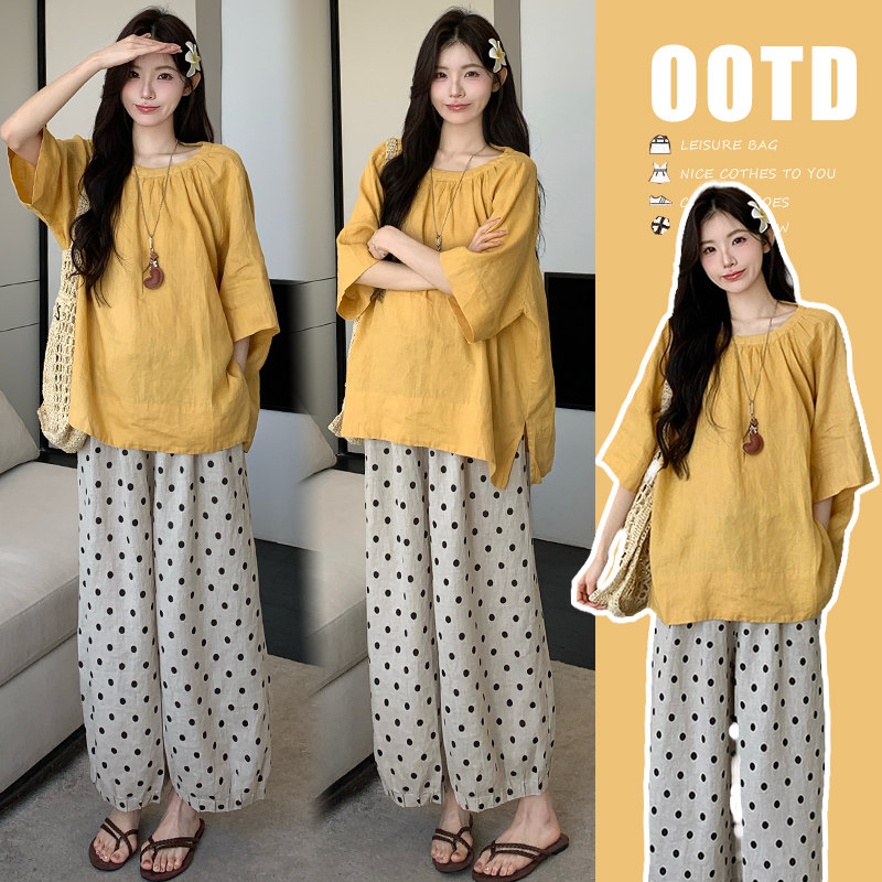 时尚洋气孕妇套装新款2025套装短袖圆领百搭上衣宽松波点裤两件套