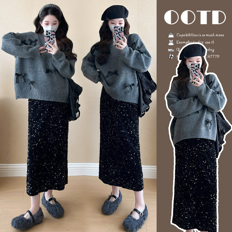 新款套装孕妇装长袖圆领蝴蝶结宽松毛衣托腹亮片半身裙韩版两件套