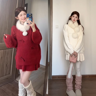 2025秋冬孕妇装针织蝴蝶结毛衣搭配毛毛围巾腰围可调节裙子三件套