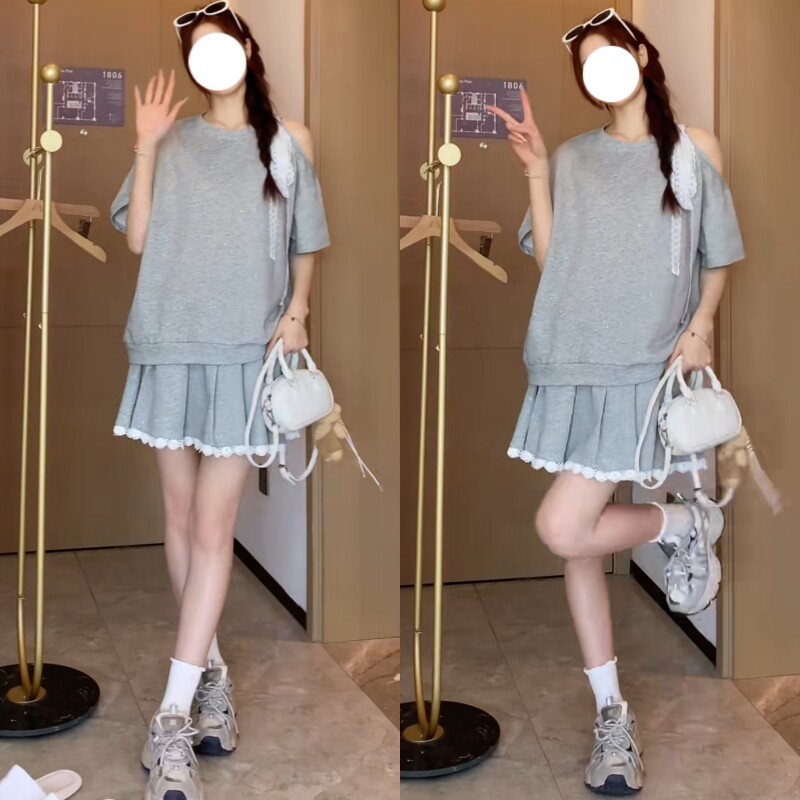 孕妇两件套夏季新款时尚露肩系带上衣托腹百褶短裙2026年韩版女