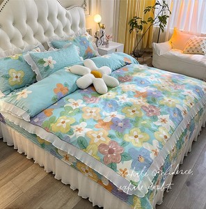 纯棉夹棉床盖四件套公主风荷叶花边加厚夹棉三件套床盖床上用品