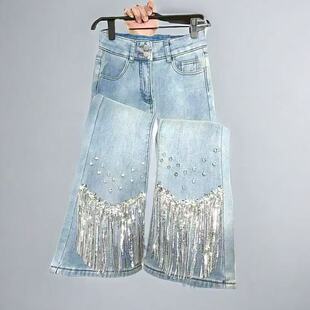 欧洲站冬季浅色加绒牛仔裤亮片流苏钉珠微喇叭裤高腰修身弹力显瘦