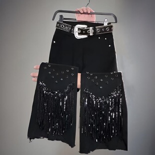 2025新款黑色亮片流苏牛仔裤女高腰显瘦设计感微喇流行春秋