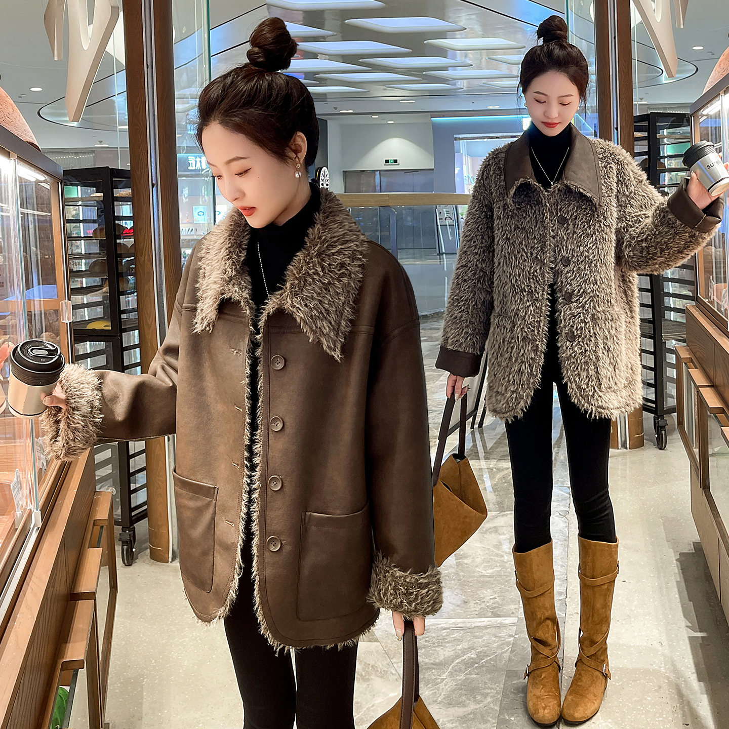 皮毛一体外套女2025冬季新款时尚气质仿兔毛两面穿加厚气质外套