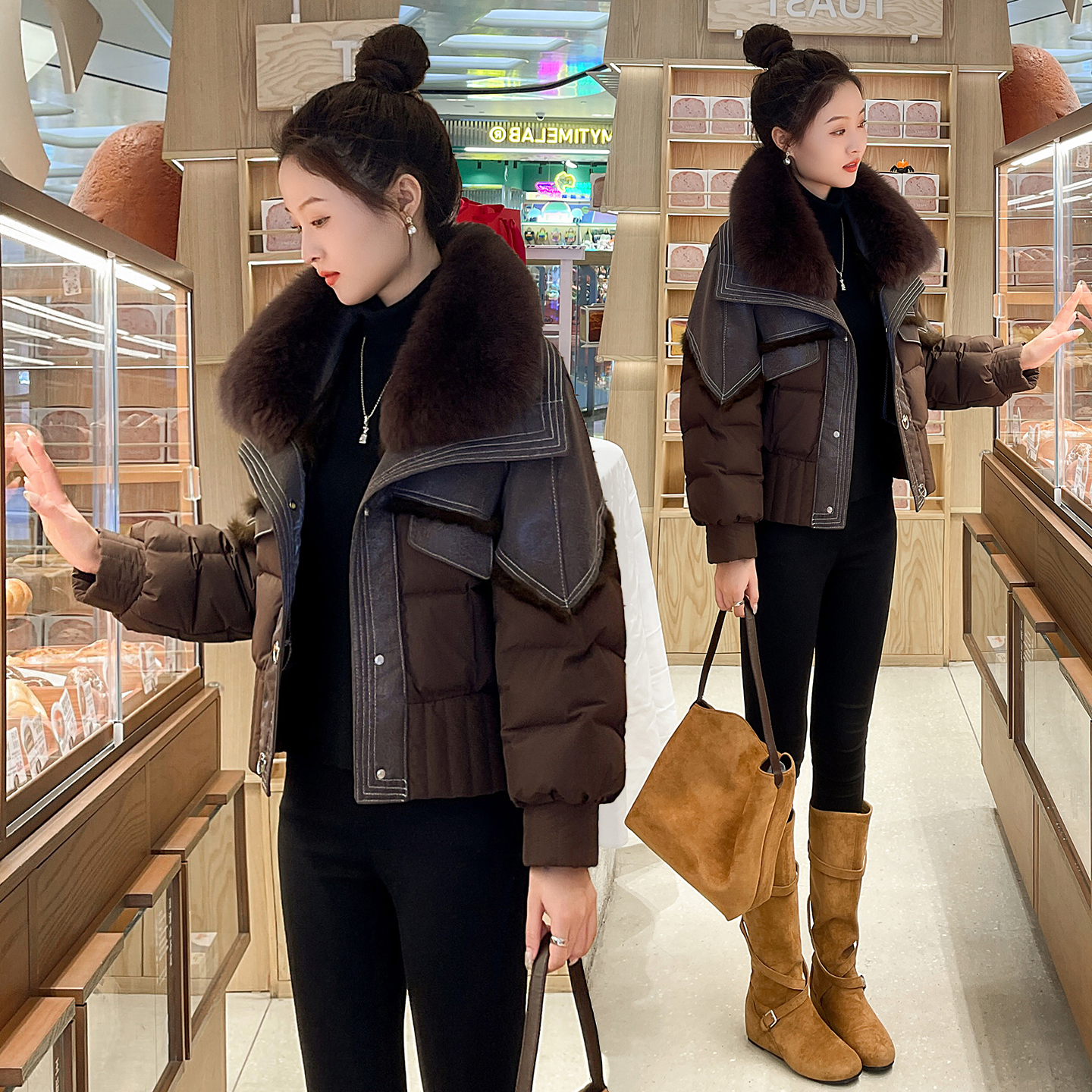 大毛领短款白鹅绒羽绒服女2025冬季新款高级感皮毛一体皮草短外套