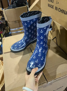 女士中筒印花可爱橡胶雨鞋水鞋