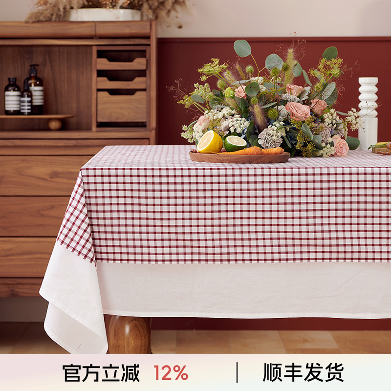 纯棉长方形蓝色复古格子餐桌布艺