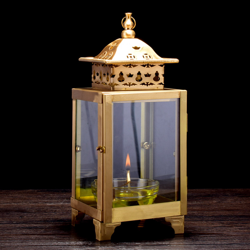 四面天灯家用纯供奉寺庙点香防风铜油灯黄铜灯盏玻璃碗液体酥油灯