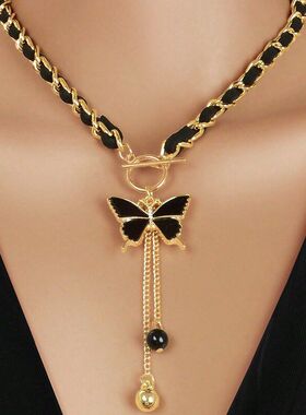 欧美跨境颈链饰品流苏绒布黑色