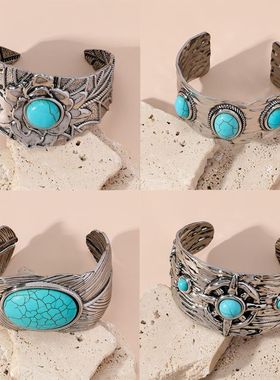 跨境热卖复古民族风镶松石手镯女苗族雕刻做旧波西米亚风配饰