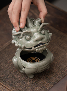 独角兽青瓷陶瓷盘香炉 越窑工艺品熏香摆件倒流香薰炉家居香道