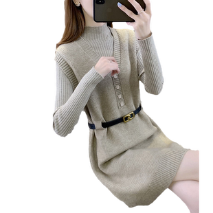 两件套长款毛衣女加厚半高领打底衫秋冬2025年新款洋气针织连衣裙