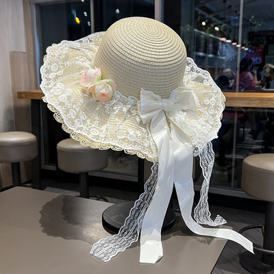 田园风大檐甜美蕾丝系带蝴蝶结草帽女夏季出游海边防紫外线太阳帽