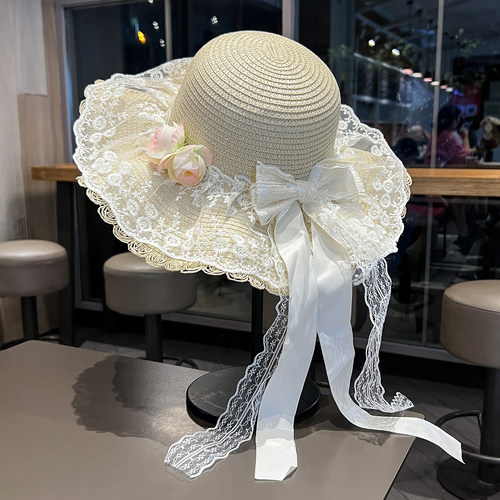 田园风大檐甜美蕾丝系带蝴蝶结草帽女夏季出游海边防紫外线太阳帽
