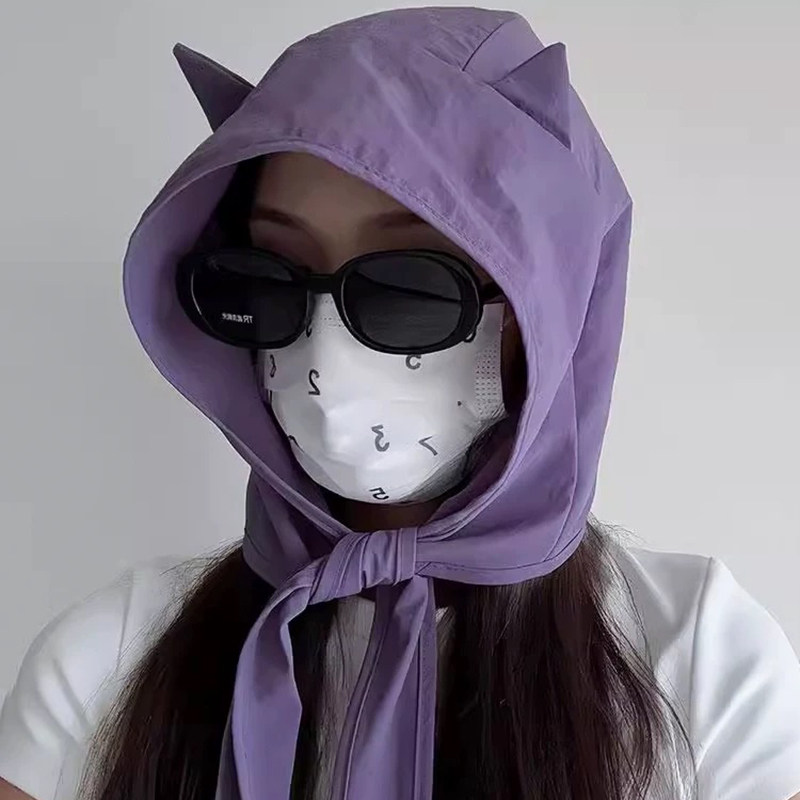 小恶魔绑带速干防晒帽女夏季薄款护耳头巾帽可爱猫耳朵户外遮阳帽