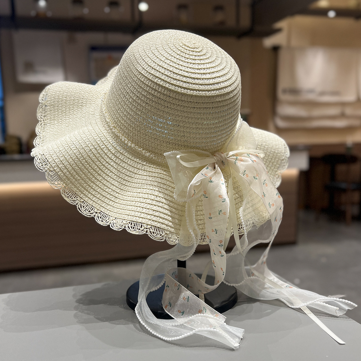 韩版蕾丝蝴蝶结草帽女春天出游防晒帽女夏季大檐防晒遮阳太阳帽子