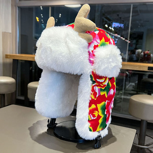 东北大花毛绒帽男女可爱鹿角加厚保暖雷锋帽冬季防风防寒护耳帽子