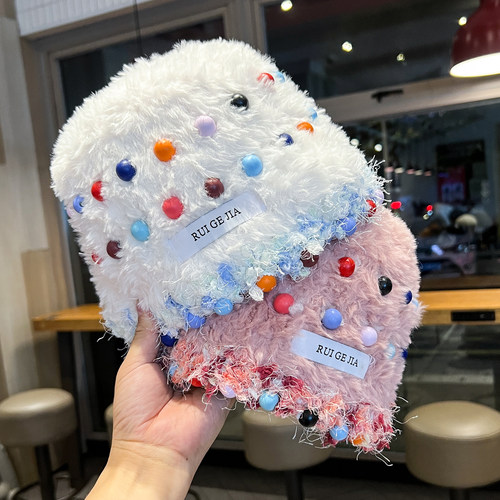 韩版彩色珠针织帽子女秋冬季加厚加绒护耳帽甜美百搭显脸小包头帽