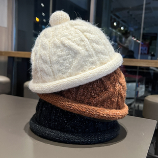 毛线瓜皮帽女秋冬季雅痞圆顶奶嘴西瓜帽日系复古百搭针织帽地主帽