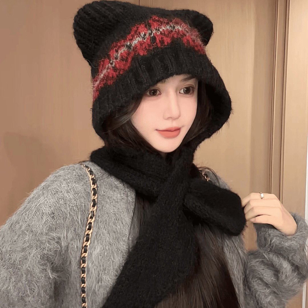 可爱猫耳朵针织护耳帽女秋冬季羊毛混纺保暖毛线帽围巾护脖一体帽
