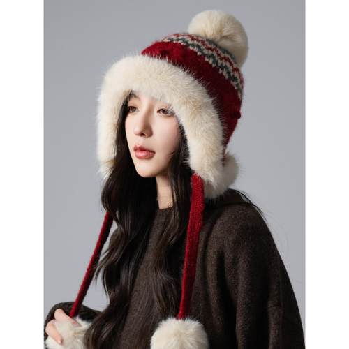 新年红色东北雷锋帽女冬季加厚保暖毛线帽子显脸小防风护耳针织帽