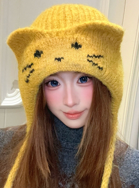 可爱猫耳朵系带针织帽女款秋冬季保暖帽子大头围显脸小护耳毛线帽