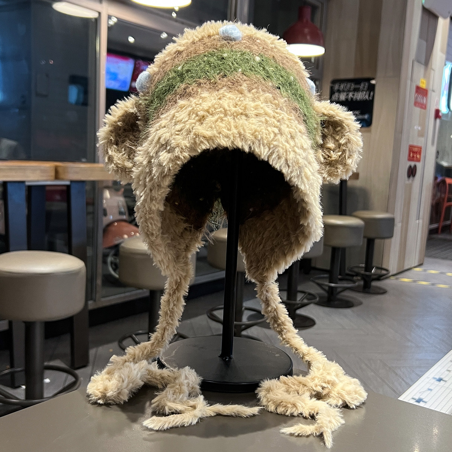 可爱小熊耳朵毛绒帽子女韩版针织绑带护耳帽秋冬季加厚加绒雷锋帽