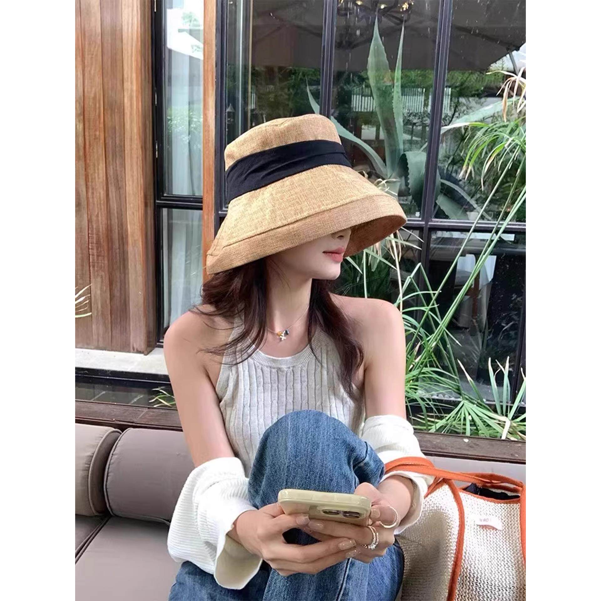 日系棉麻渔夫帽子女夏轻薄透气可折叠盆帽显脸小遮阳帽大檐防晒帽