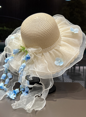2026新品温柔甜美蓝色花朵草帽夏季度假海边沙滩帽蕾丝飘带太阳帽
