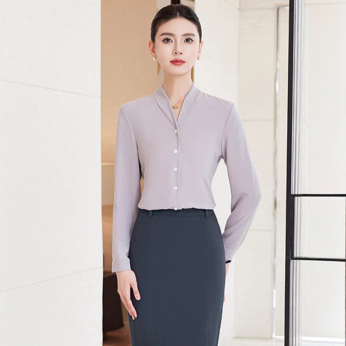 职业装衬衫女长袖春秋高级感正装酒店经理前台接待工作服V领衬衣
