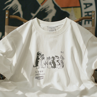 猫澡堂 纯棉半袖 夏季 T恤男休闲宽松情侣装 tee 日系小猫印花短袖
