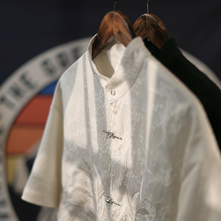 短袖 麒麟先生新中式 衬衫 男女休闲宽松情侣装 衬衣 刺绣五分袖 兰