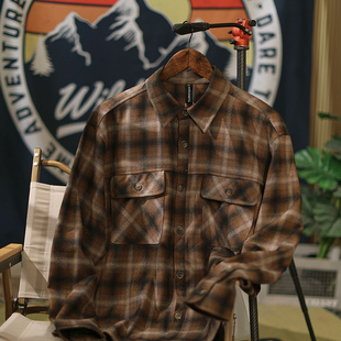 【戊戌】秋季日系复古长袖格子衬衫男休闲宽松中性风磨毛翻领衬衣