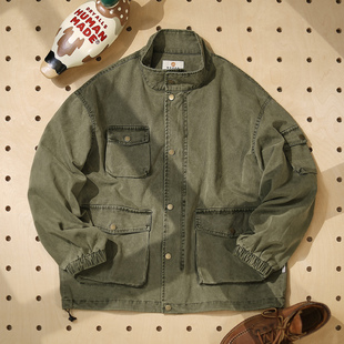 【维雷】秋季美式复古多口袋立领夹克男休闲宽松水洗做旧工装外套