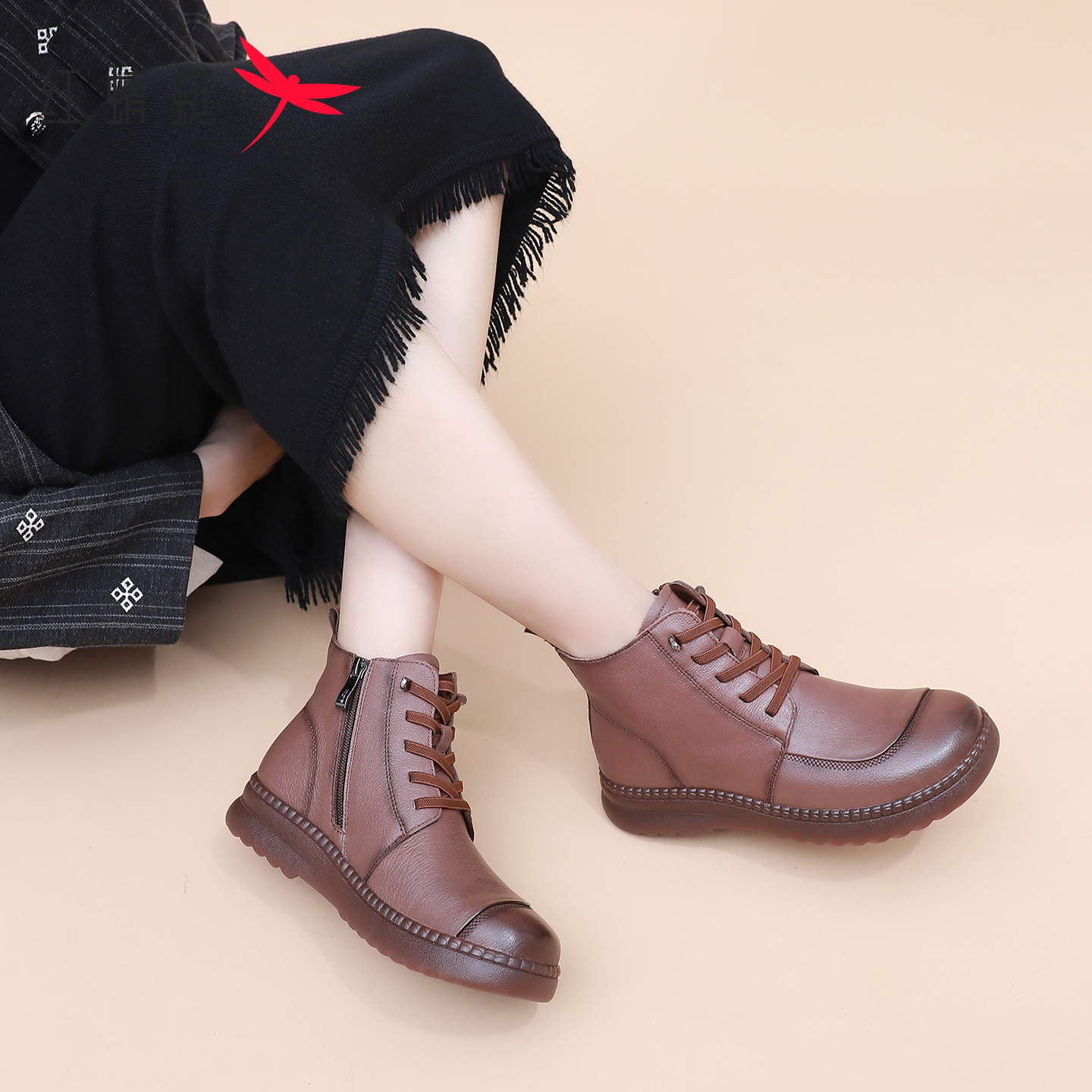 红蜻蜓女士妈妈真皮加绒保暖棉靴