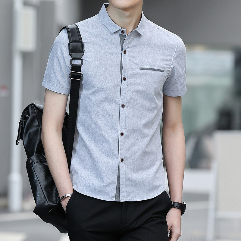 夏季冰丝薄款新款短袖衬衫男士韩版潮流修身休闲青年免烫抗皱衬衣