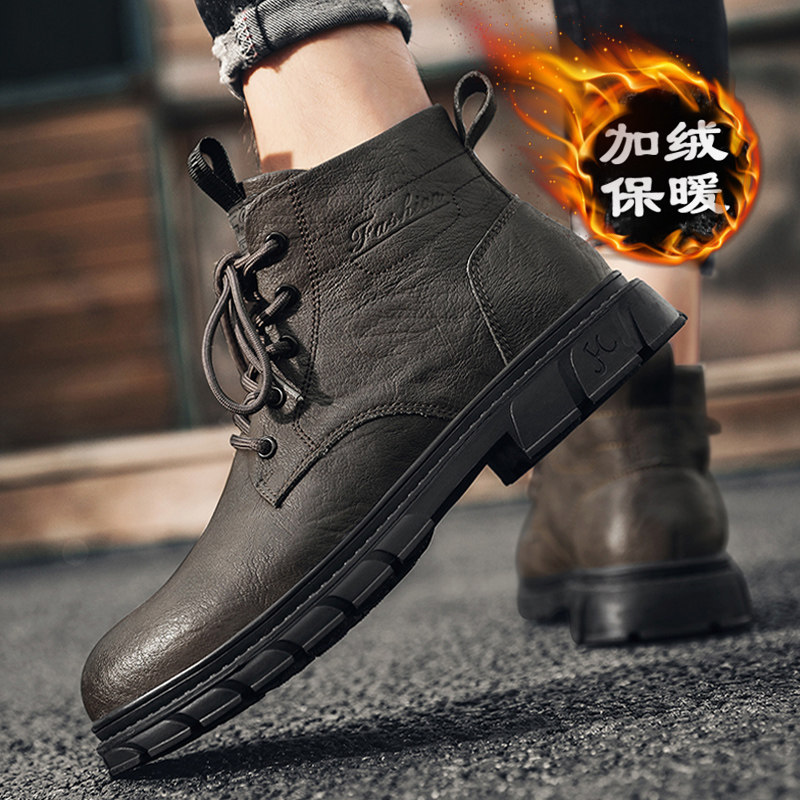 MARTIN BOOTS MENS BRITISH STYLE 2024 NEW WINTER FLEECE WARM COTTON SHOES NON-SLIP WATERPROOF CARGO HIGH-TOP LEATHER SHOES