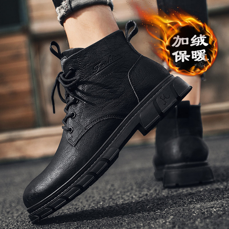 MARTIN BOOTS MENS BRITISH STYLE 2024 NEW WINTER FLEECE WARM COTTON SHOES NON-SLIP WATERPROOF CARGO HIGH-TOP LEATHER SHOES