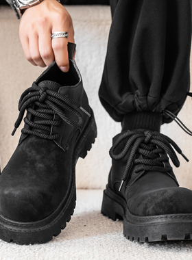 马丁靴男款冬季复古黑色商务百搭中帮工装皮鞋男士厚底大头德比鞋