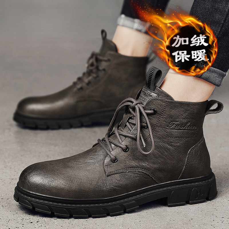 MARTIN BOOTS MENS BRITISH STYLE 2024 NEW WINTER FLEECE WARM COTTON SHOES NON-SLIP WATERPROOF CARGO HIGH-TOP LEATHER SHOES