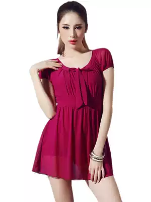 Swimsuit women conservative hot spring swimsuit covering belly thin steel skirt style one-piece boxer pants large size short sleeve swimsuit