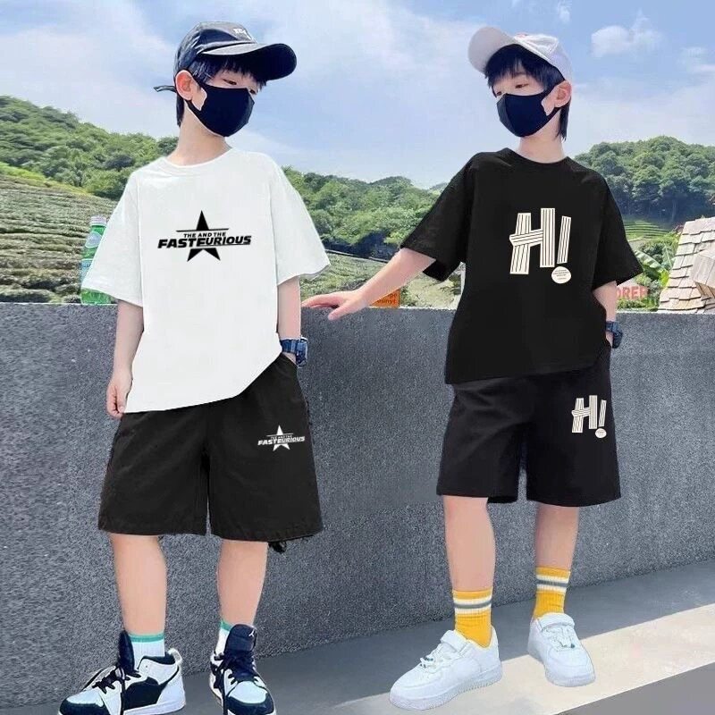 2026男纯棉中大童夏季运动套装短袖短裤两件套中大童宽松休闲潮牌