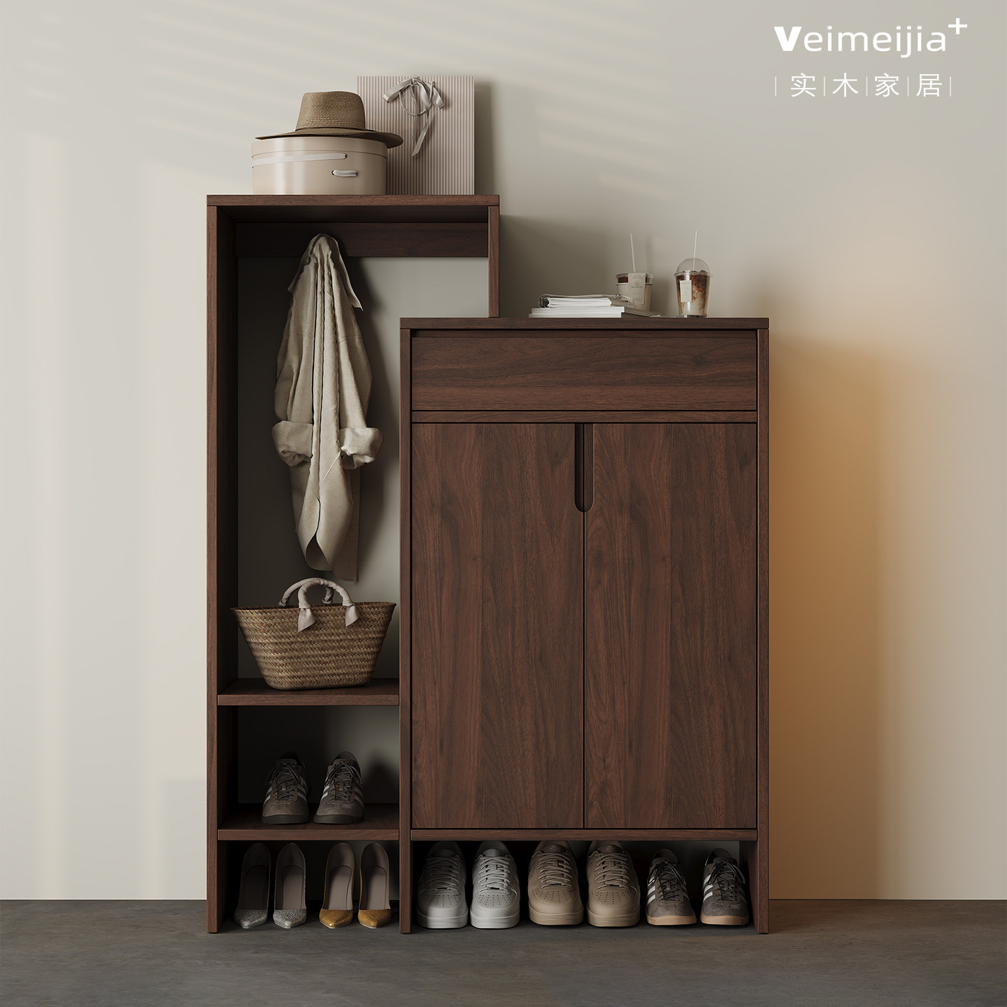 定制中古风实木鞋柜门口家用入户门厅收纳柜大容量储物柜胡桃木色,住宅家具,鞋柜,淘宝优惠券,粉丝福利购,淘宝优惠卷