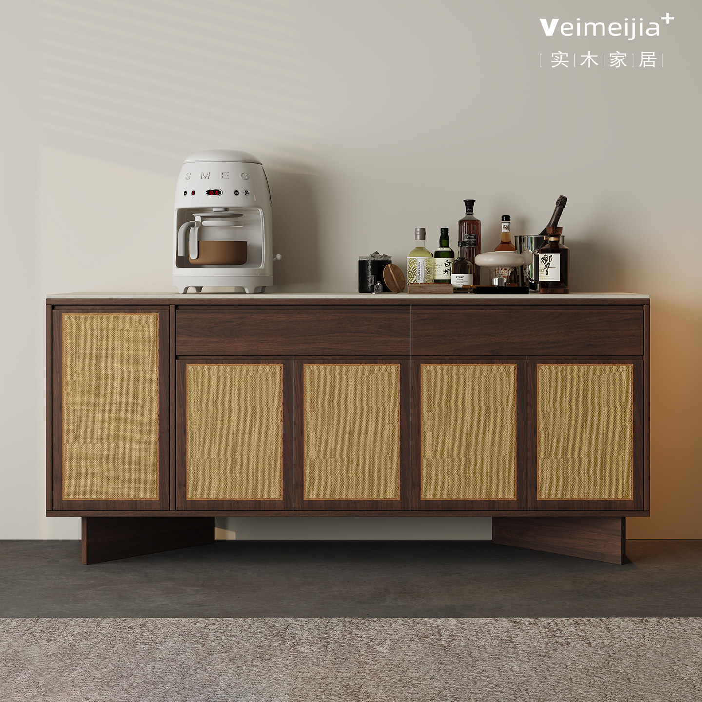 中古风实木餐边柜简约现代客厅储物柜设计师款藤编门板抽屉收纳柜,住宅家具,餐边柜,淘宝优惠券,粉丝福利购,淘宝优惠卷